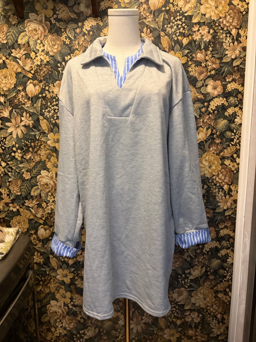 Source Unknown Light Blue Tunic with Blue-White Stripe Trim
